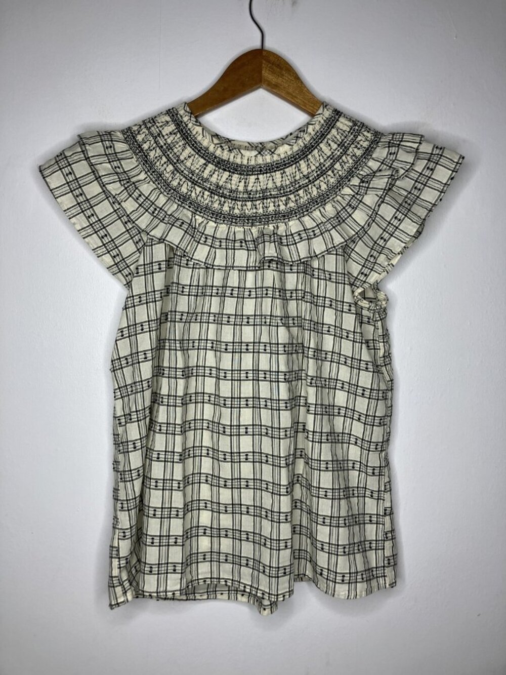 LOFT Women's Small Cream Black Plaid Smocked Ruffle Cap Sleeve Blouse Top New